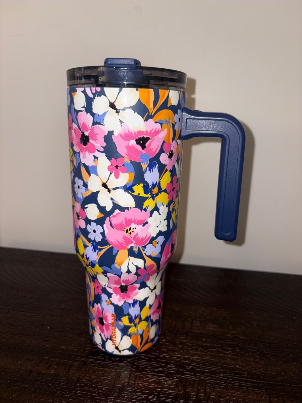 Floral Navy Travel Mug with Handle - Blue Pink Floral Design